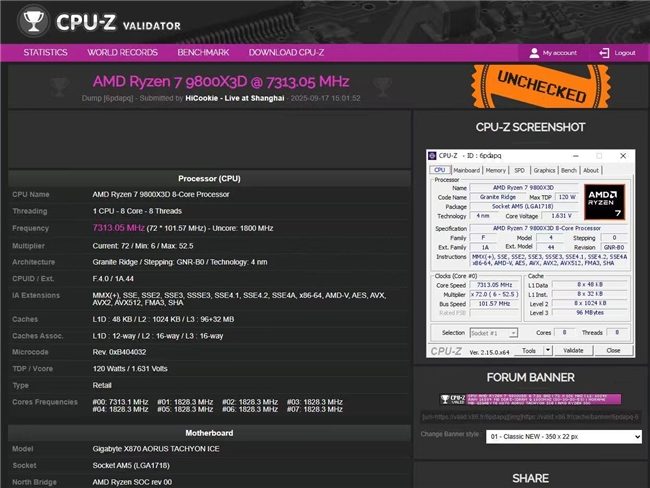 7.3GHz新纪录！HiCookie再创9800X3D+技嘉X870主板超频战绩(图3)