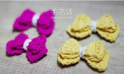 毛线蝴蝶结的编织方法 钩针编迷你蝴蝶结饰品(图6)