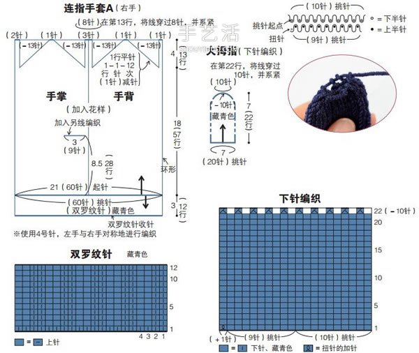用毛线编织带漂亮花纹的连指手套织法图解(图4)