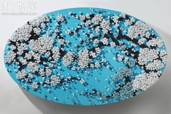 利用纽扣、串珠和大头针DIY的樱花树 - 双维造物网