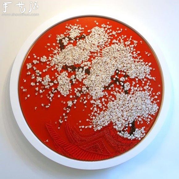 利用纽扣、串珠和大头针DIY的樱花树(图4)