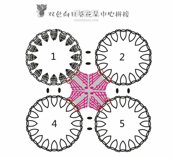 方形带流苏坐垫的钩法图解 双色向日葵图案~(图3)