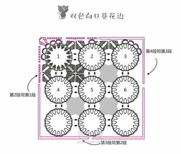 方形带流苏坐垫的钩法图解 双色向日葵图案~(图4)