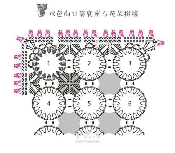 方形带流苏坐垫的钩法图解 双色向日葵图案~(图5)