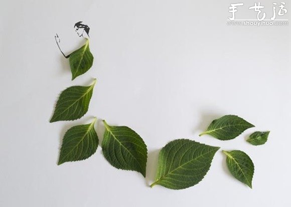 简单插图与叶子的摆放 DIY穿连衣裙的女人(图7)