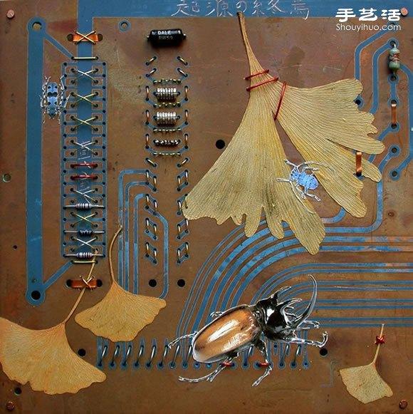 掉落叶子与电子垃圾DIY制作环保艺术作品 - 双维造物网