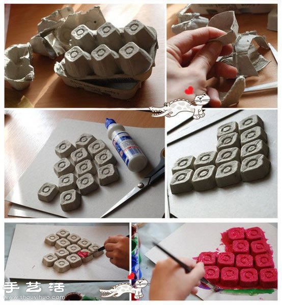 蛋托变废为宝制作立体的心形装饰画(图2)