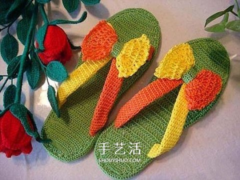 色彩活泼拖鞋的织法 手工编织人字拖鞋图解(图10)
