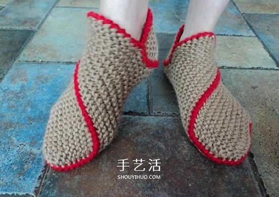 两种毛线搭配 手工编织漂亮地板鞋的织法图解(图25)
