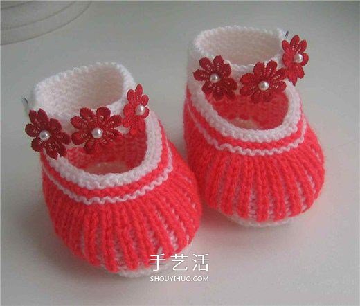 女宝宝保暖毛线鞋编织图解 带扣带和花朵装饰(图17)
