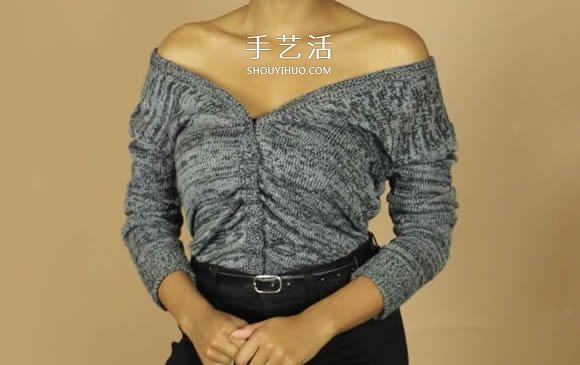 普通开衫毛衣改造 DIY露肩皱褶上衣的方法(图12)