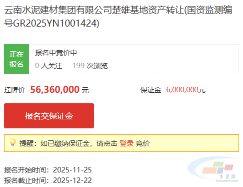 底价5636万！云南水泥建材集团楚雄基地资产转让(图1)