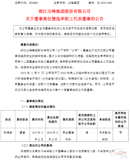 尖峰集团：公司董事张峰亮辞职(图1)