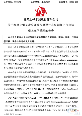 上峰水泥:参股公司首次公开发行股票并在科创板上市申请获上交所受理(图1) 上峰水泥:参股公司首次公开发行股票并在科创板上市申请获上交所受理(图1)